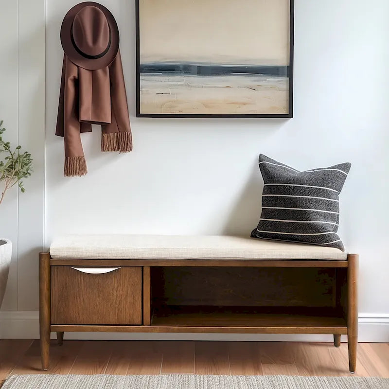 Banc de rangement du milieu du siècle avec coussin rembourré — 106,7 cm