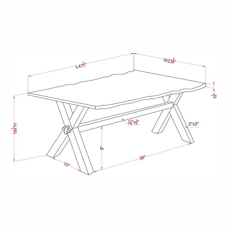 Table basse en bois massif à bords bruts de 47 pouces avec piètement en X — Noyer