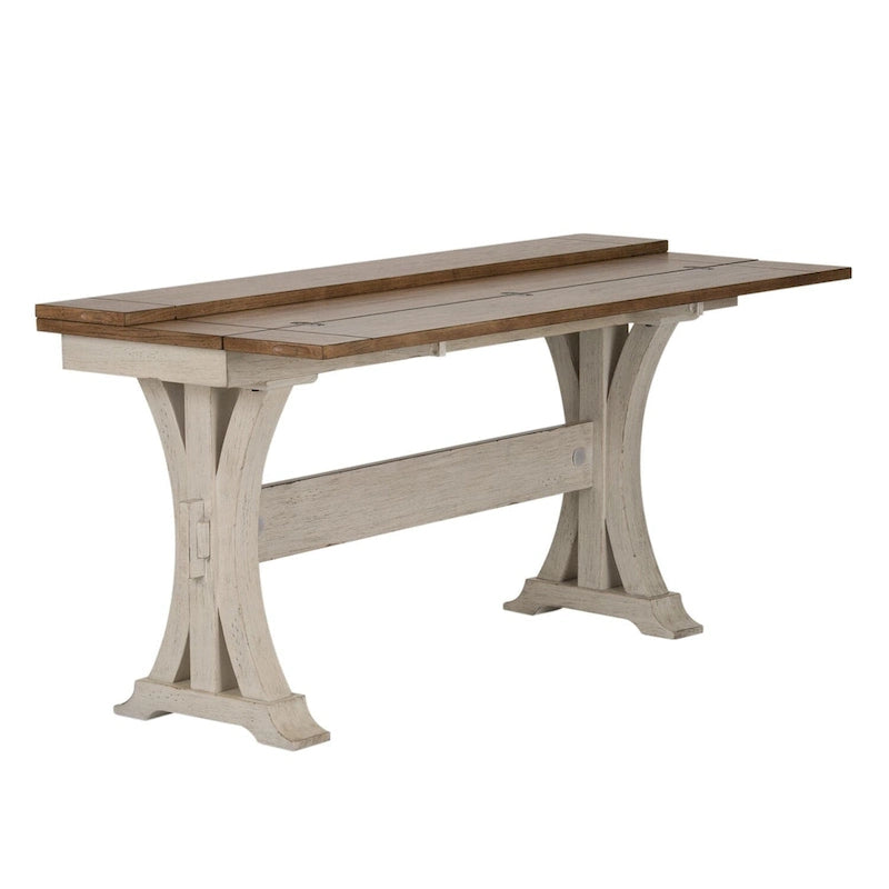 Table console de canapé avec plateau extensible et couvercle relevable, style Ferme — Blanc antique et châtaignier