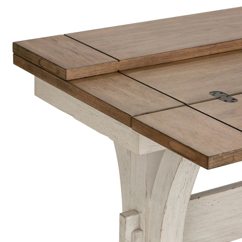 Table console de canapé avec plateau extensible et couvercle relevable, style Ferme — Blanc antique et châtaignier