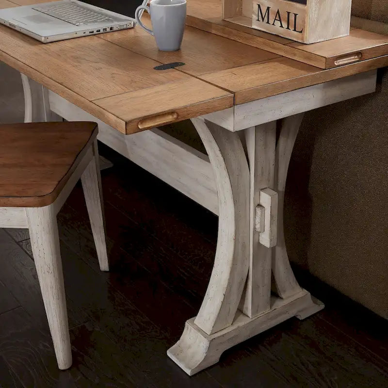 Table console de canapé avec plateau extensible et couvercle relevable, style Ferme — Blanc antique et châtaignier
