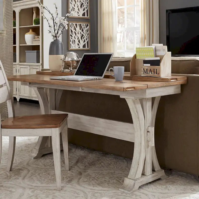 Table console de canapé avec plateau extensible et couvercle relevable, style Ferme — Blanc antique et châtaignier