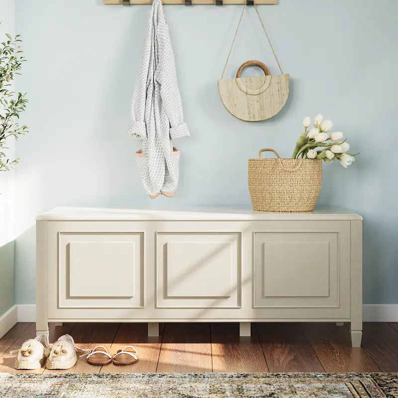Banc de rangement en bois massif de 130 cm avec couvercle sécurisé pour enfants — 4 couleurs