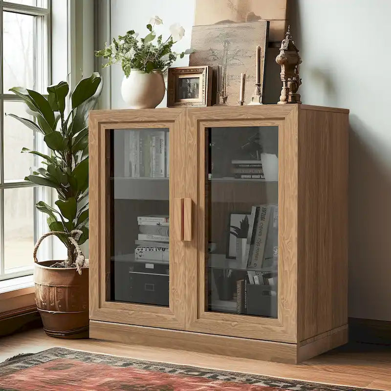 Meuble de rangement en bois massif avec portes vitrées et étagères réglables — 2 couleurs