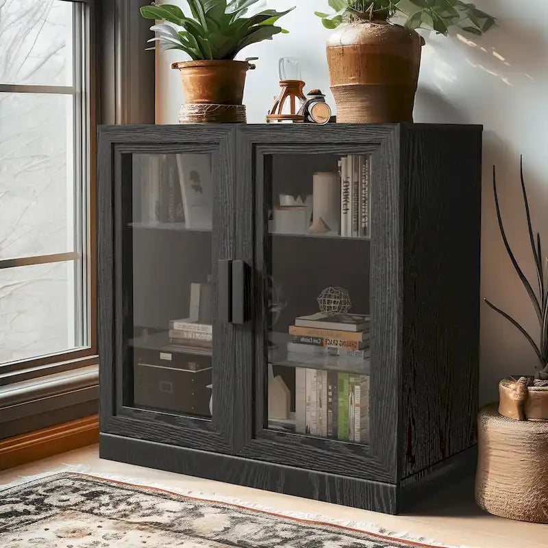 Meuble de rangement en bois massif avec portes vitrées et étagères réglables — 2 couleurs