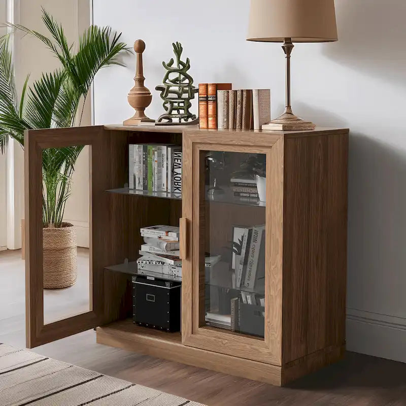 Meuble de rangement en bois massif avec portes vitrées et étagères réglables — 2 couleurs