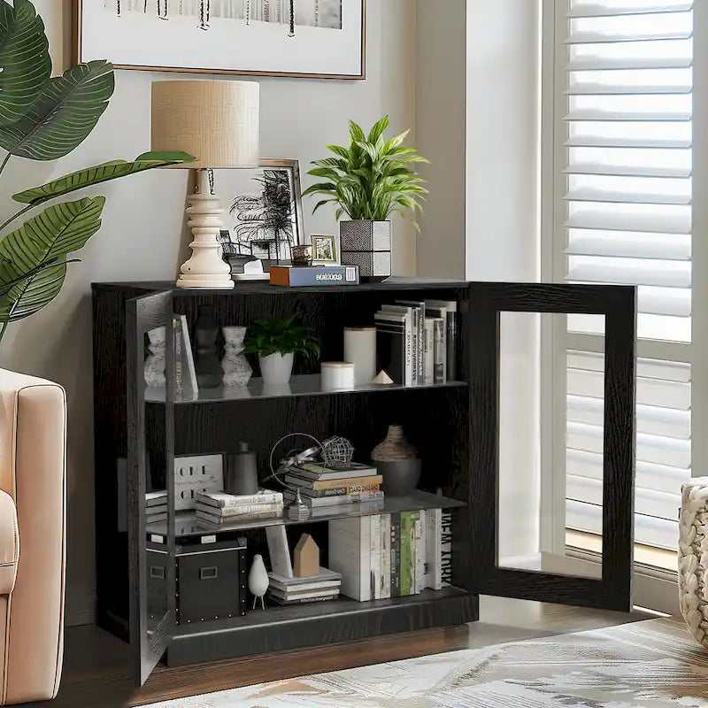 Meuble de rangement en bois massif avec portes vitrées et étagères réglables — 2 couleurs