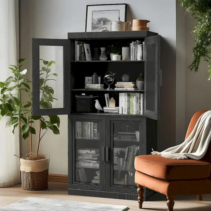 Meuble de rangement en bois massif avec portes vitrées et étagères réglables — 2 couleurs