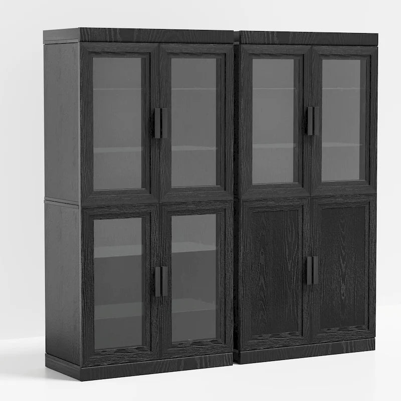 Meuble de rangement en bois massif avec portes vitrées et étagères réglables — 2 couleurs