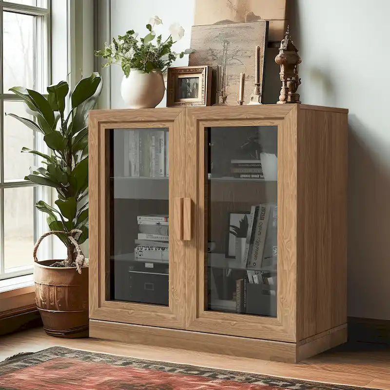 Meuble de rangement en bois massif avec portes vitrées et étagères réglables — 2 couleurs
