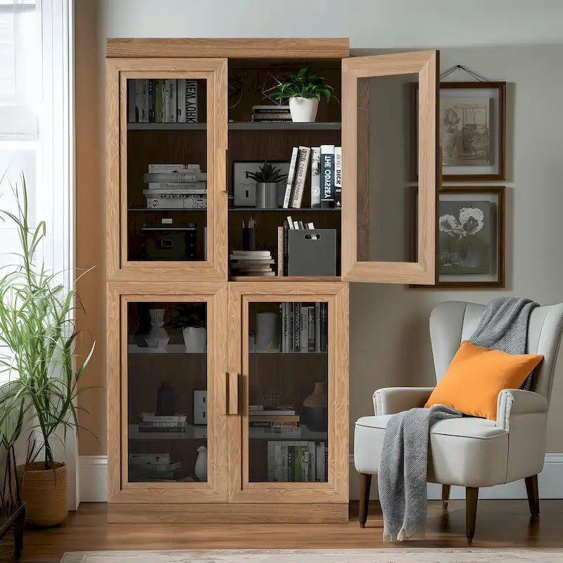 Meuble de rangement en bois massif avec portes vitrées et étagères réglables — 2 couleurs