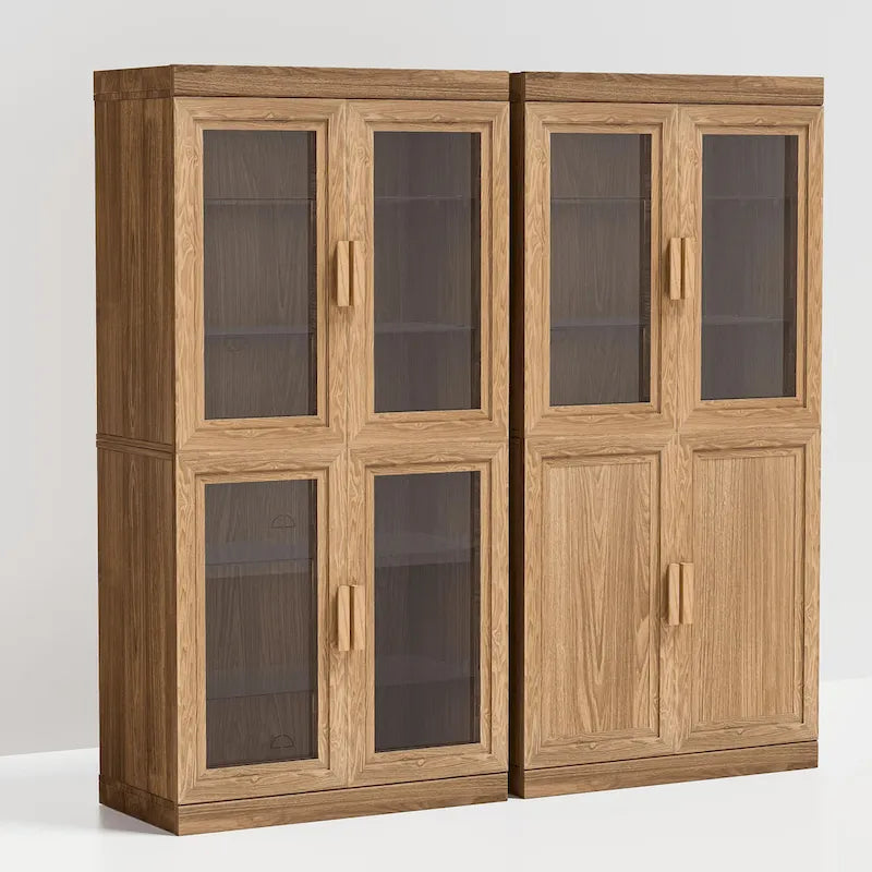 Meuble de rangement en bois massif avec portes vitrées et étagères réglables — 2 couleurs