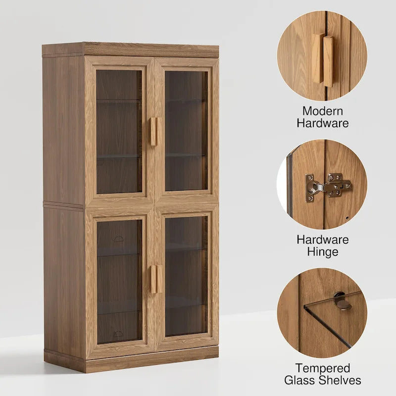 Meuble de rangement en bois massif avec portes vitrées et étagères réglables — 2 couleurs