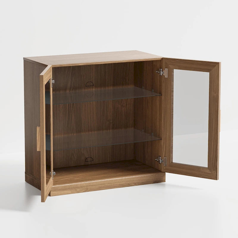 Meuble de rangement en bois massif avec portes vitrées et étagères réglables — 2 couleurs