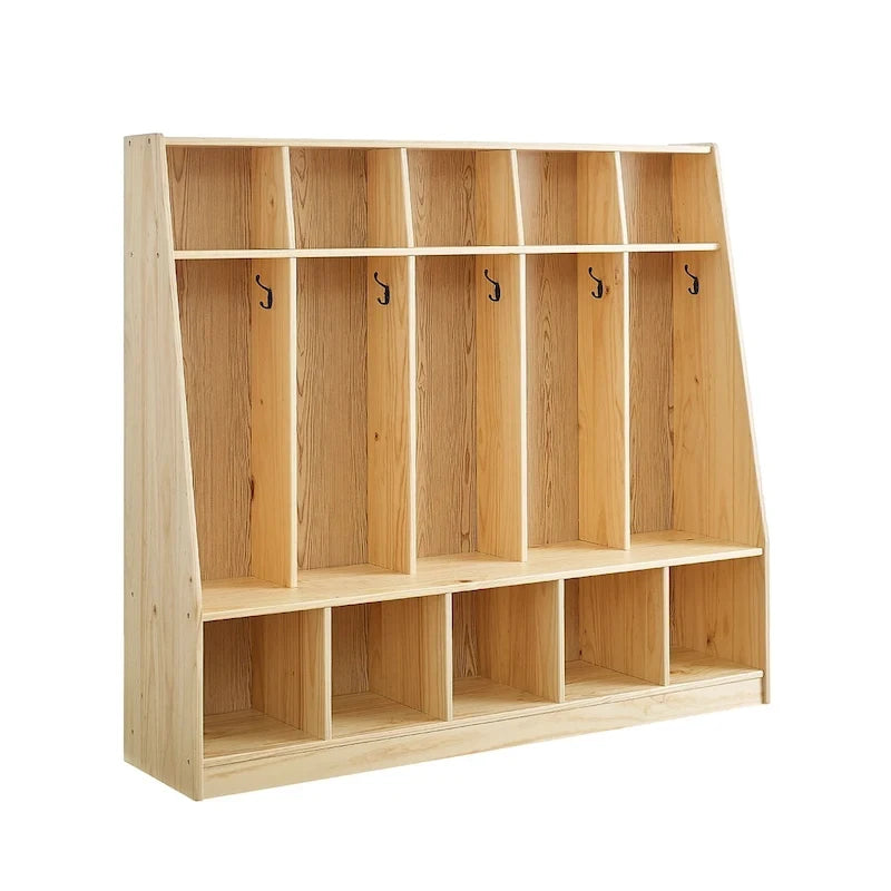 Porte-manteaux 5 sections pour enfants avec banc et crochets — Pin naturel