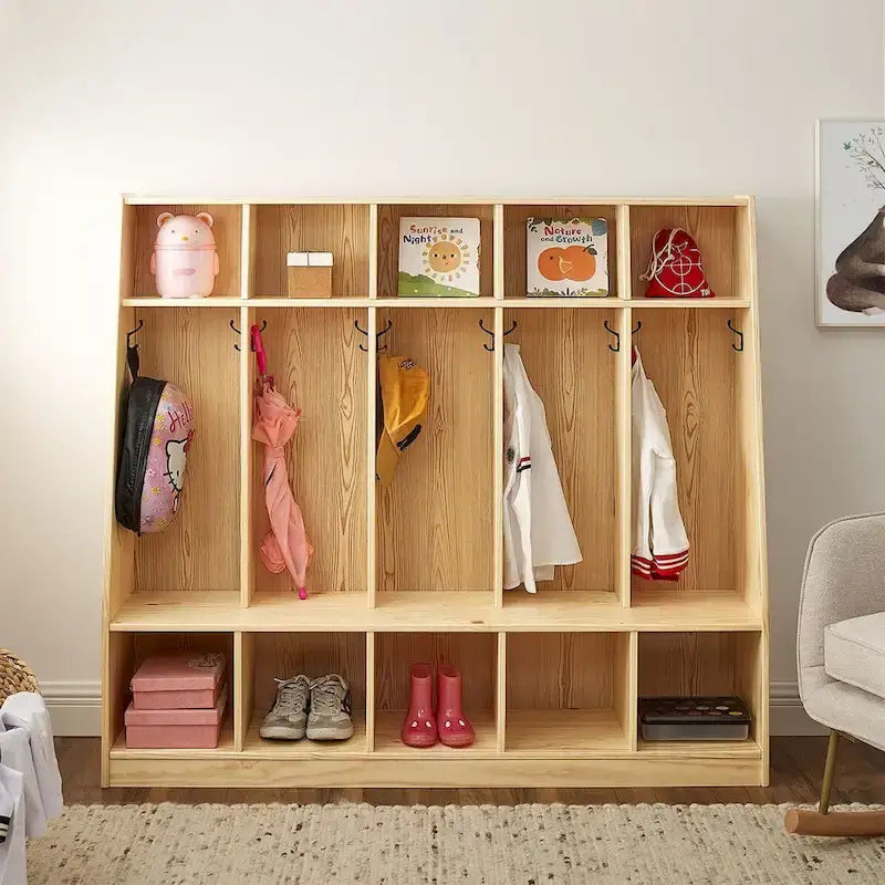 Porte-manteaux 5 sections pour enfants avec banc et crochets — Pin naturel