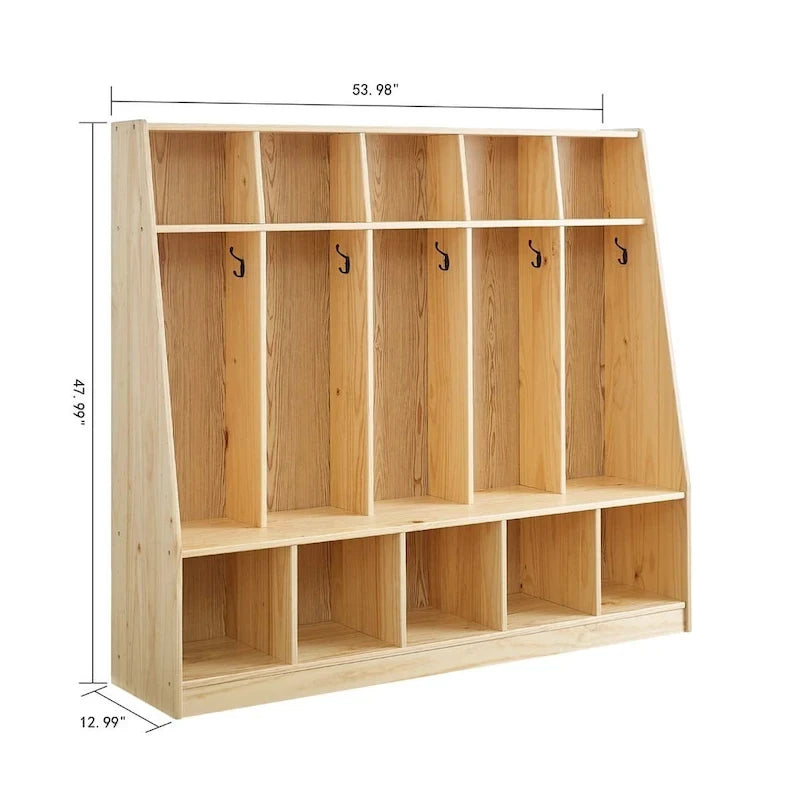 Porte-manteaux 5 sections pour enfants avec banc et crochets — Pin naturel
