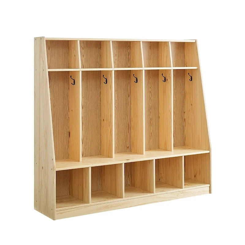 Porte-manteaux 5 sections pour enfants avec banc et crochets — Pin naturel