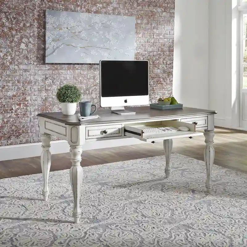 Bureau ancien blanc avec plateau en bois vieilli