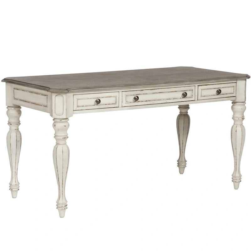 Bureau ancien blanc avec plateau en bois vieilli
