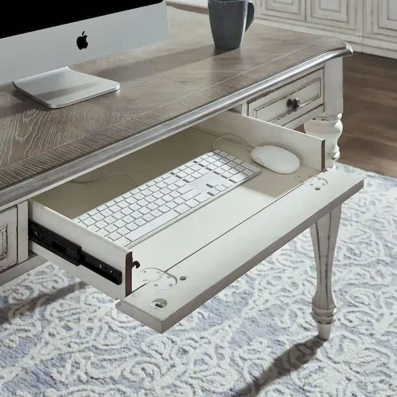 Bureau ancien blanc avec plateau en bois vieilli