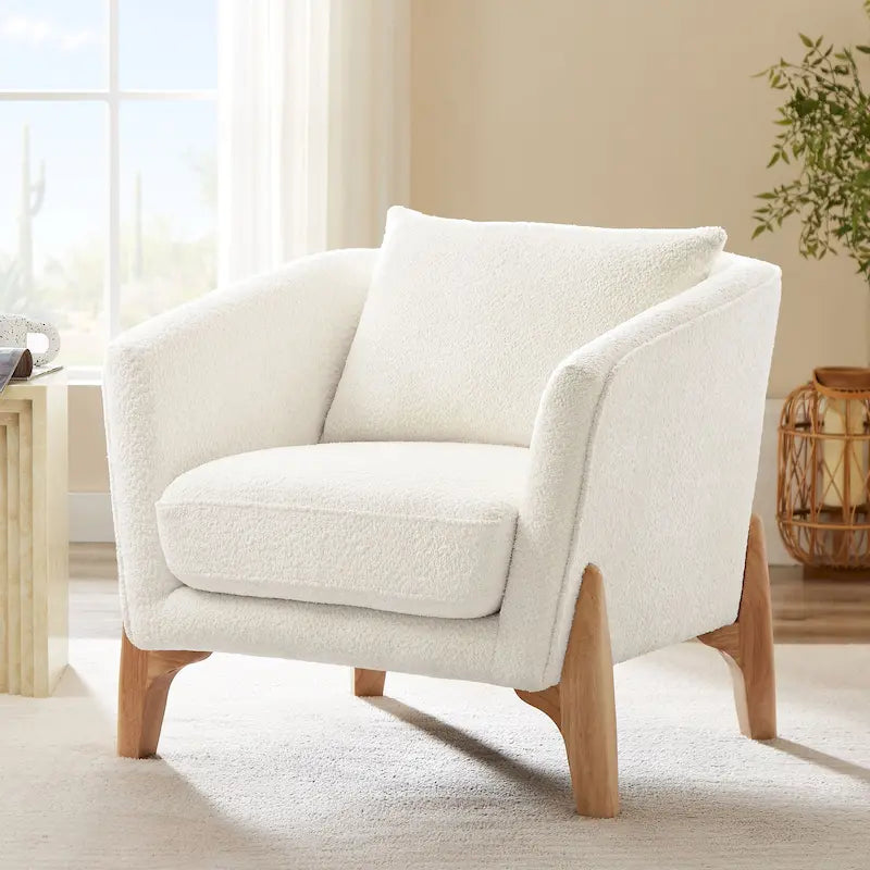 Large fauteuil d'appoint rembourré avec pieds en bois d'hévéa — Style milieu de siècle