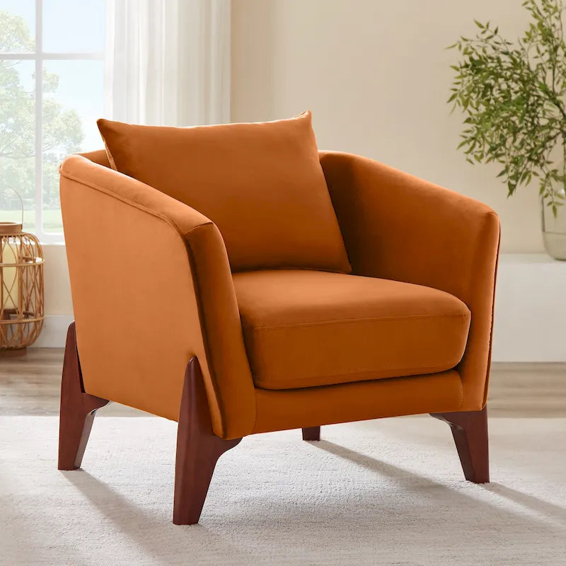 Large fauteuil d'appoint rembourré avec pieds en bois d'hévéa — Style milieu de siècle