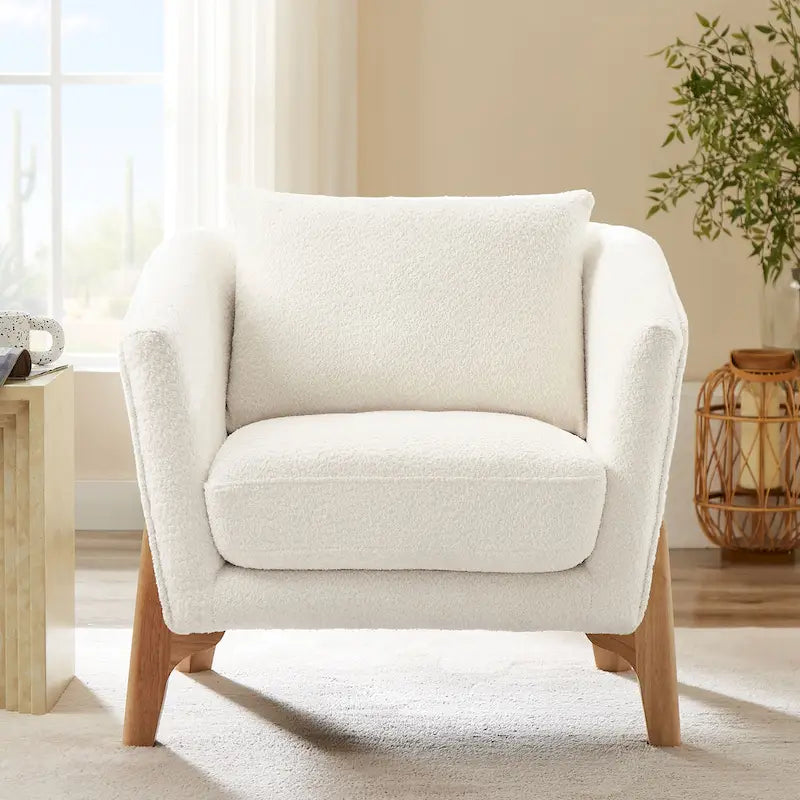 Large fauteuil d'appoint rembourré avec pieds en bois d'hévéa — Style milieu de siècle