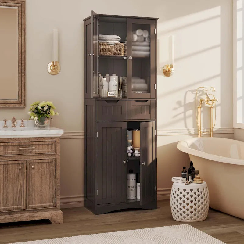 Meuble de rangement haut autoportant avec portes en acrylique et 2 tiroirs — Cuisine ou salle de bain