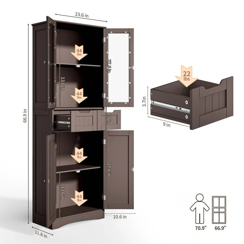 Meuble de rangement haut autoportant avec portes en acrylique et 2 tiroirs — Cuisine ou salle de bain