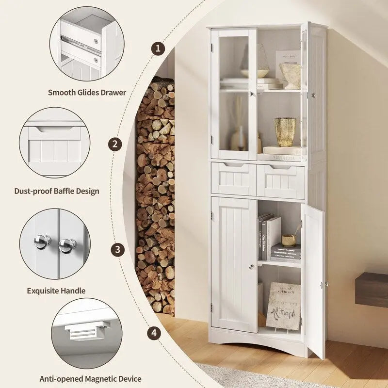 Meuble de rangement haut autoportant avec portes en acrylique et 2 tiroirs — Cuisine ou salle de bain