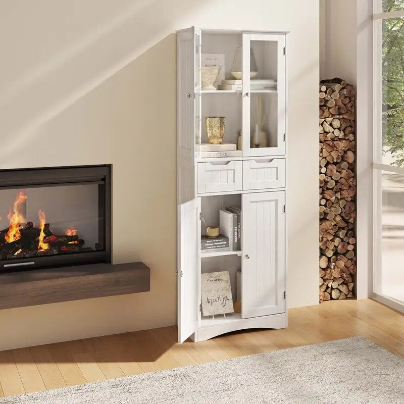 Meuble de rangement haut autoportant avec portes en acrylique et 2 tiroirs — Cuisine ou salle de bain