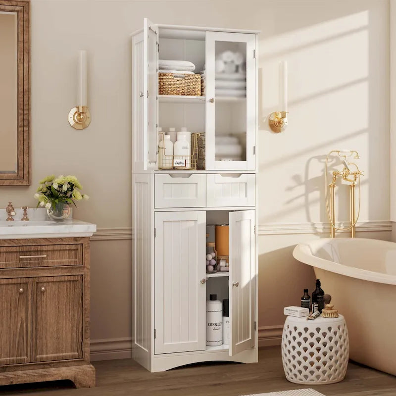 Meuble de rangement haut autoportant avec portes en acrylique et 2 tiroirs — Cuisine ou salle de bain