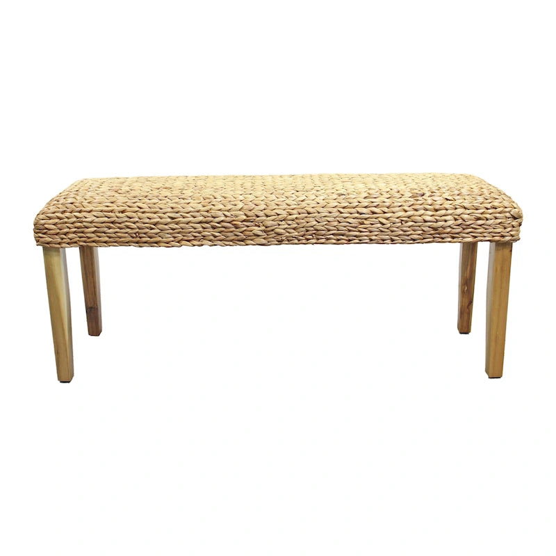 Banc d'intérieur tissé à la main en jacinthe d'eau avec pieds en bois d'acacia — Marron