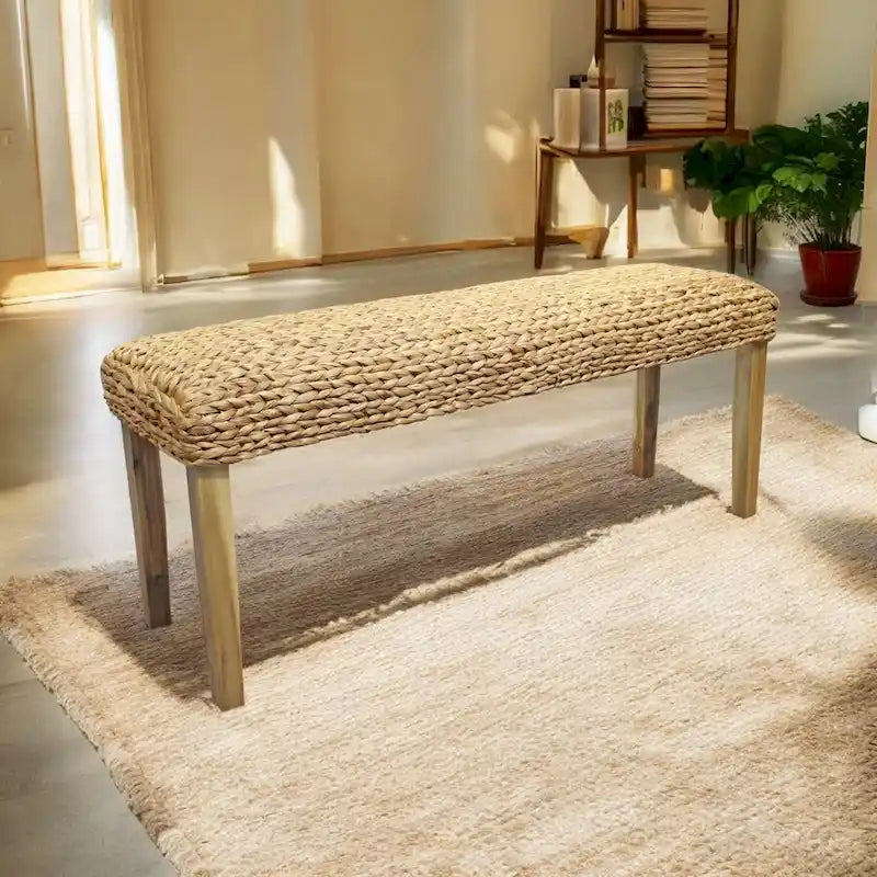 M4H Chania Solid Wood Natural Water Hyacinth Indoor Bench