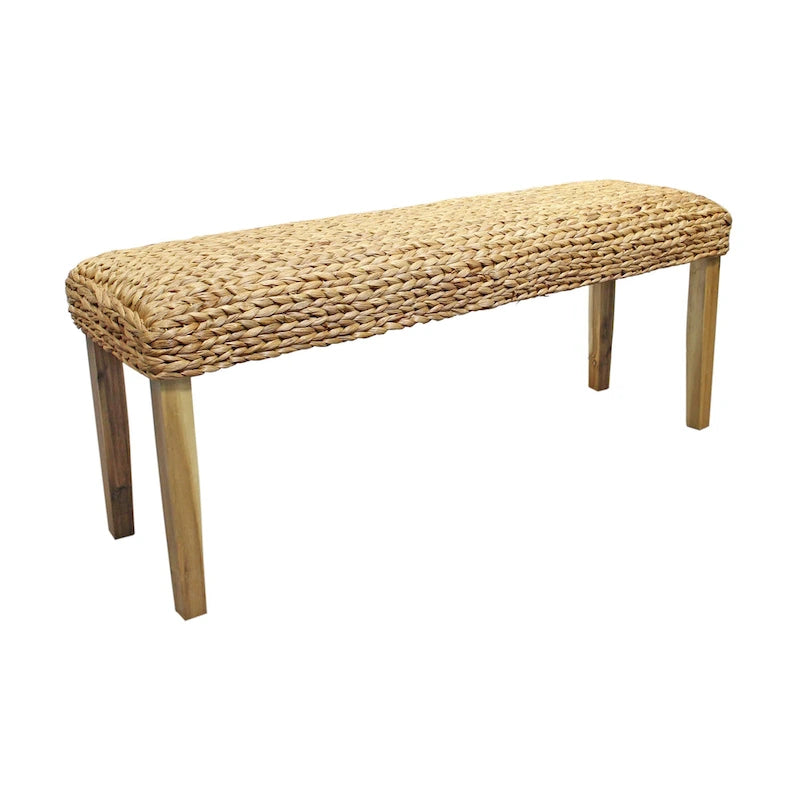 Banc d'intérieur tissé à la main en jacinthe d'eau avec pieds en bois d'acacia — Marron