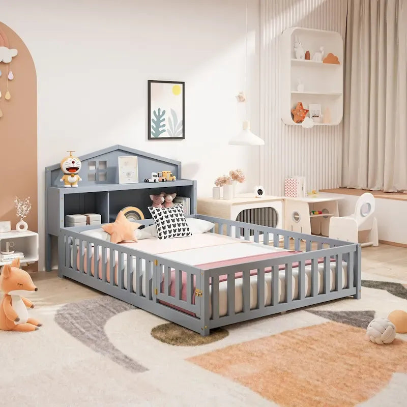 Lit au sol pleine grandeur pour enfants avec bibliothèque et tableau noir — 3 couleurs