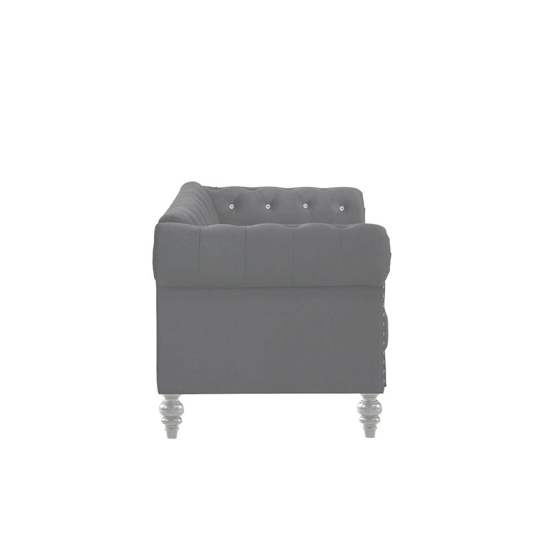 Causeuse 157 cm en velours gris avec dossier capitonné de cristaux et assise à ressorts ensachés