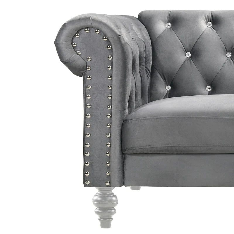 Causeuse 157 cm en velours gris avec dossier capitonné de cristaux et assise à ressorts ensachés