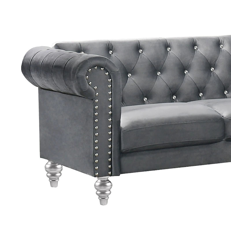 Causeuse 157 cm en velours gris avec dossier capitonné de cristaux et assise à ressorts ensachés