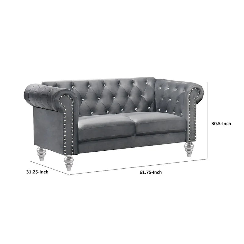 Causeuse 157 cm en velours gris avec dossier capitonné de cristaux et assise à ressorts ensachés