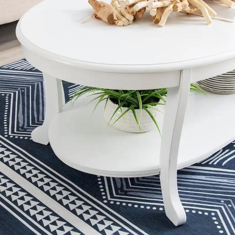 Table Basse Fermière 122 cm avec 2 Étagères — Blanc Rustique