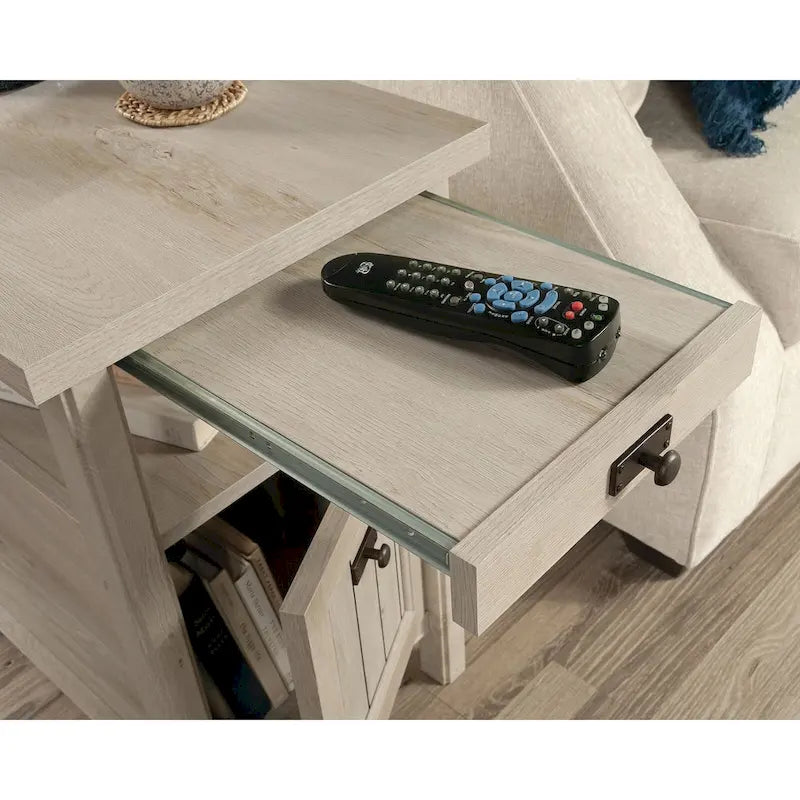 Table d'appoint avec porte, étagère ouverte et plateau coulissant — Bois d'acacia Jet