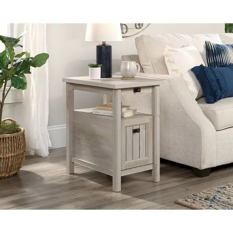 Table d'appoint avec porte, étagère ouverte et plateau coulissant — Bois d'acacia Jet