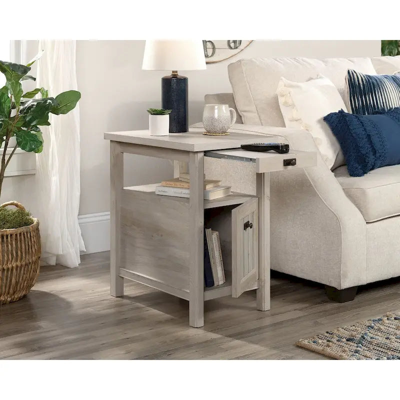 Table d'appoint avec porte, étagère ouverte et plateau coulissant — Bois d'acacia Jet